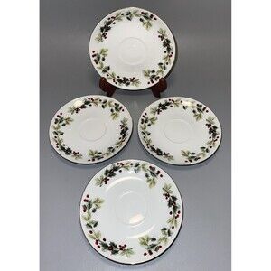 Vtg Gibson Holly Berry Saucer Plates 5" Set of 4 Gold Rim Christmas Holiday